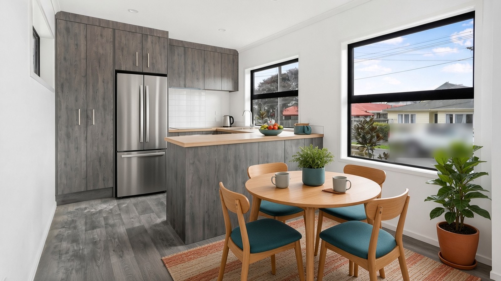 Bright open kitchen with timber-look cabinets and a round wooden dining table with teal-cushioned chairs on a warm striped rug, beside a large window.