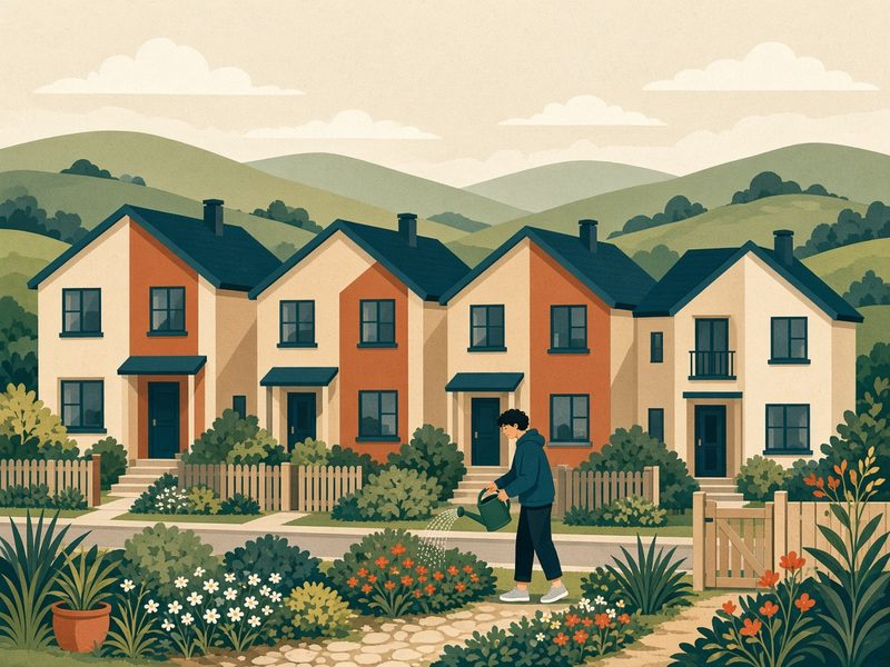 A young person waters the garden outside a row of tidy townhouses with rolling hills behind.