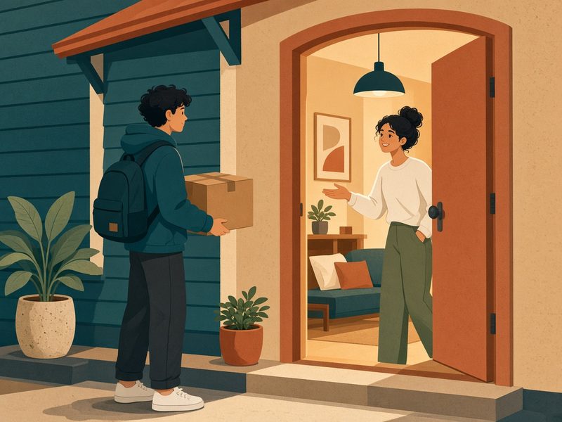 A young person with a backpack and moving box is welcomed through the open door of a warm, cosy home.